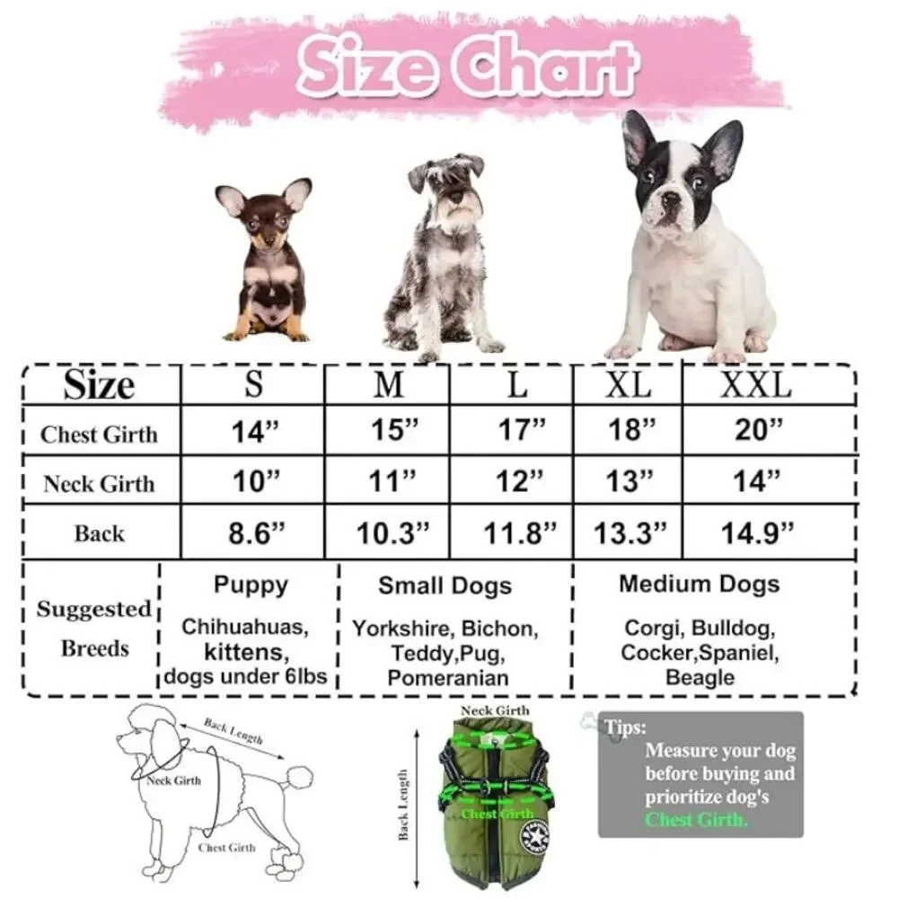 Dog Puffer Coat with Harness in Green, Size XXL​